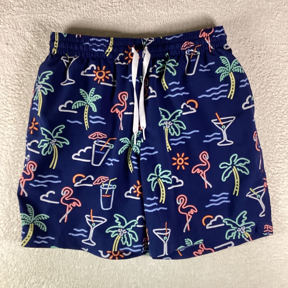 Chubbies Mens Neon Flamingo Palm Tree Swim Trunks Navy Blue 7 Inch Inseam Medium